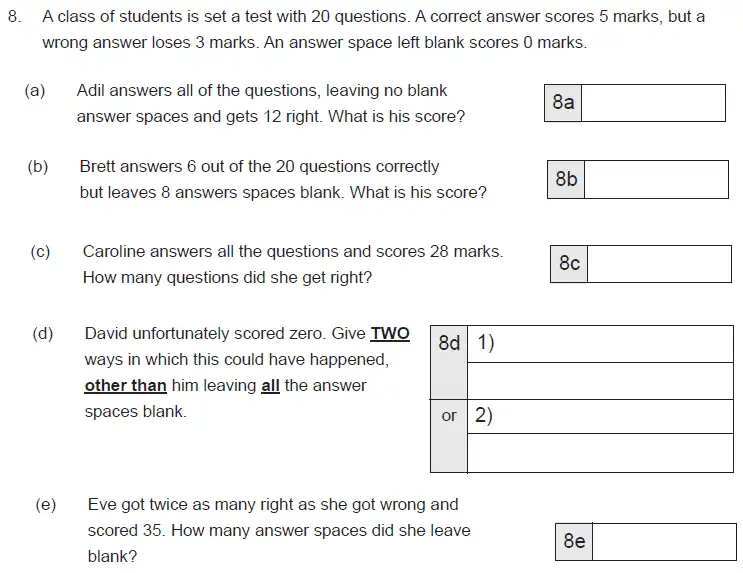 Question 8(a,b,c,d,e) - The Manchester Grammar School 11 Plus Papers Arithmetic B – 2014