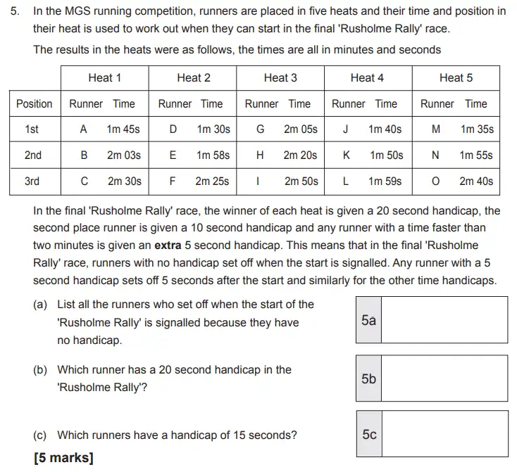 Question 5(a,b,c) - The Manchester Grammar School 11 Plus Papers Arithmetic B – 2016
