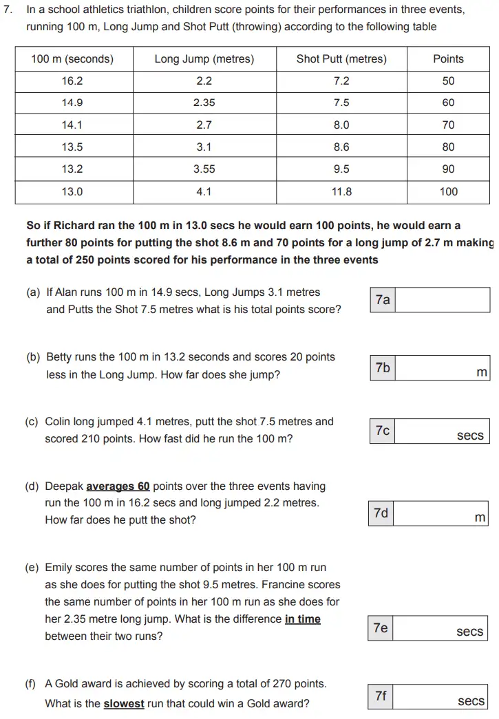 Question 7(a,b,c,d,e,f) - The Manchester Grammar School 11 Plus Papers 2018 Arithmetic B