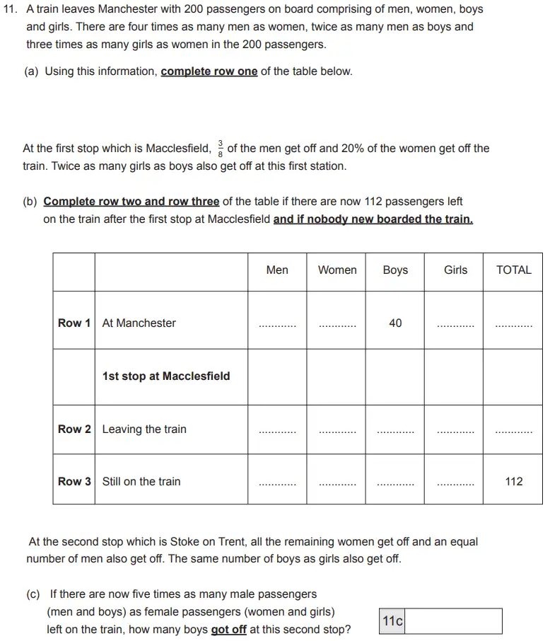 Question 11(a,b,c) - The Manchester Grammar School 11 Plus Papers 2018 Arithmetic B