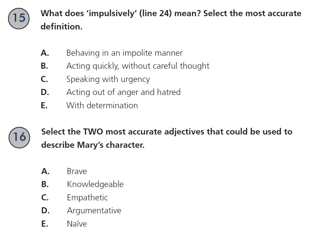 Question 15, 16 - 11 Plus SET English Pack 2 Practice Paper 1