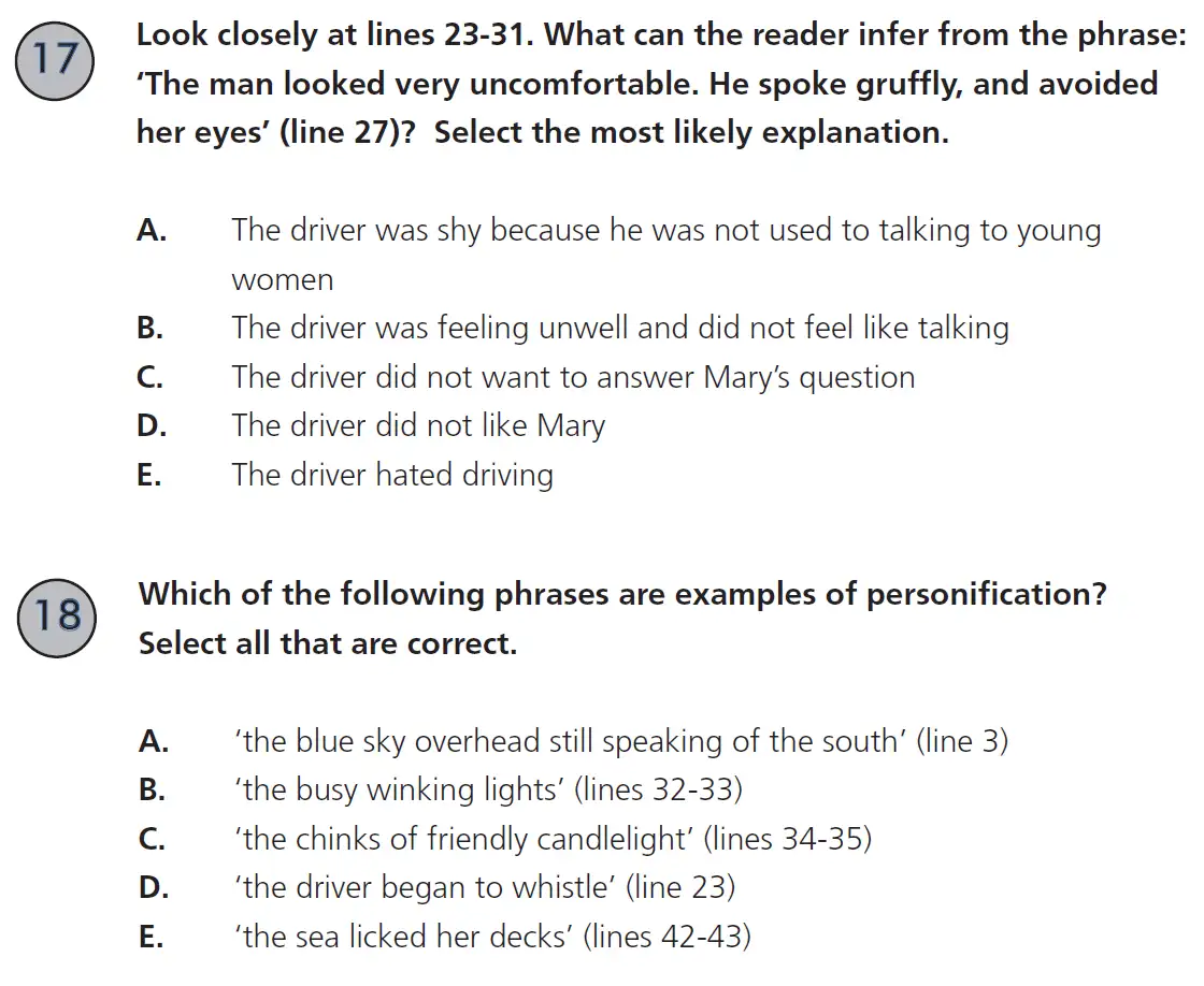 Question 17, 18 - 11 Plus SET English Pack 2 Practice Paper 1