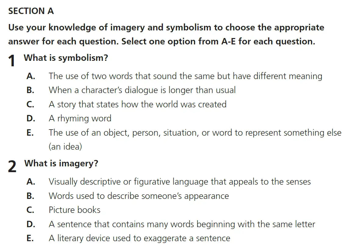 Question 01 & 02 - 11+ Vocabulary - Literary Devices - Test Paper 5