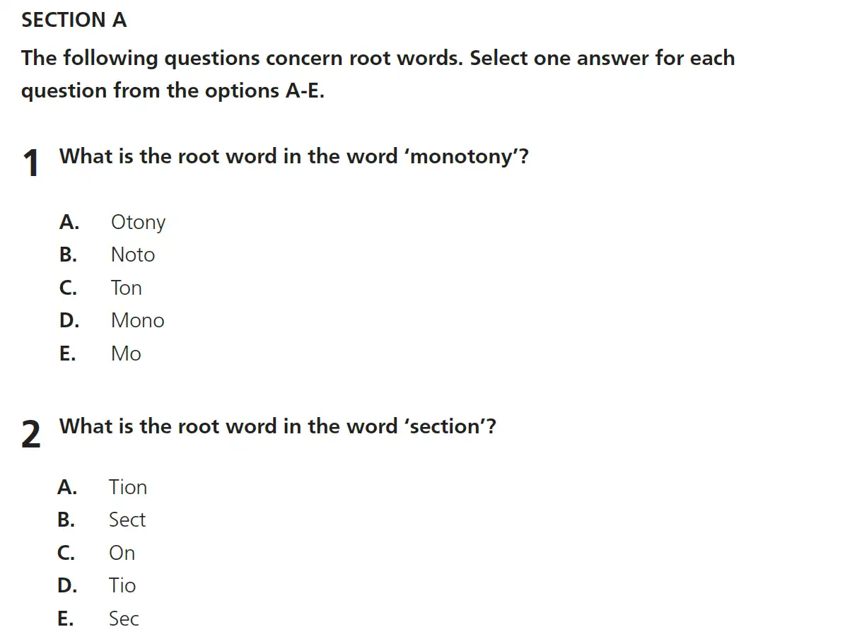 Question 01 & 02 - 11+ Vocabulary - Root Words, Prefixes & Suffixes - Test Paper 3