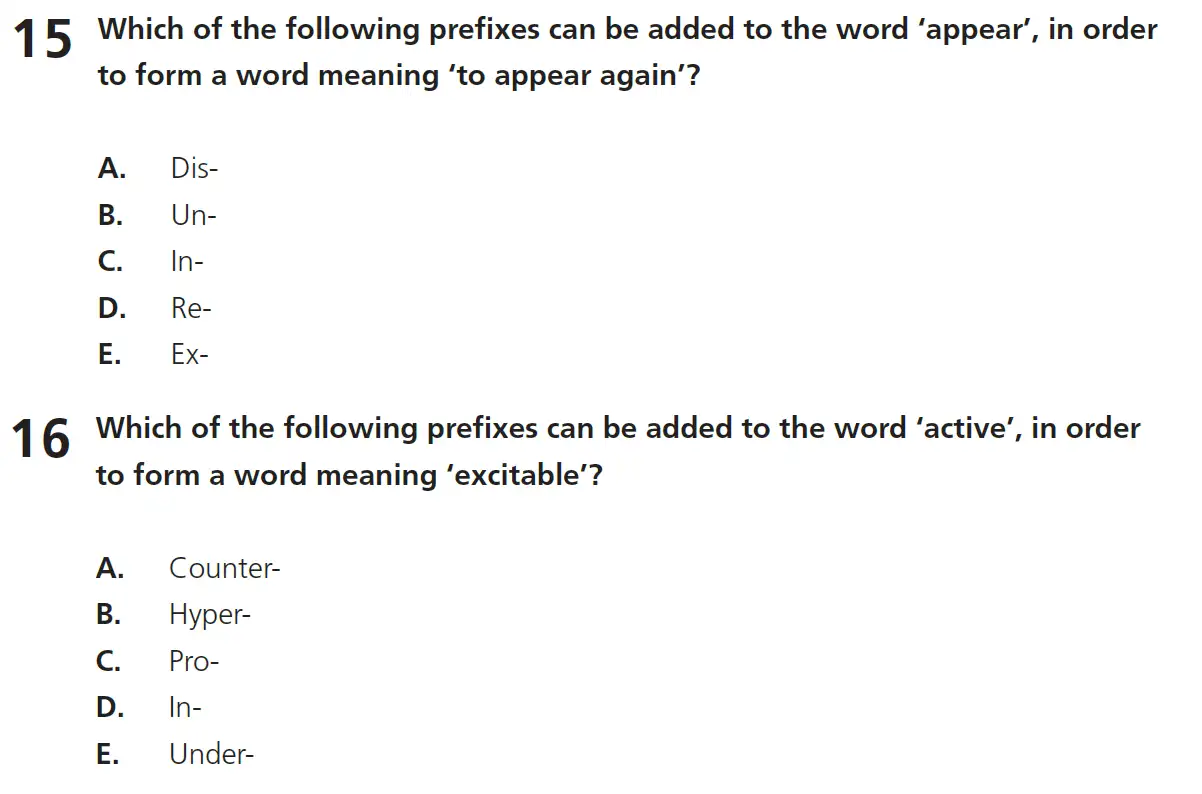 Question 15 & 16 - 11+ Vocabulary - Root Words, Prefixes & Suffixes - Test Paper 3