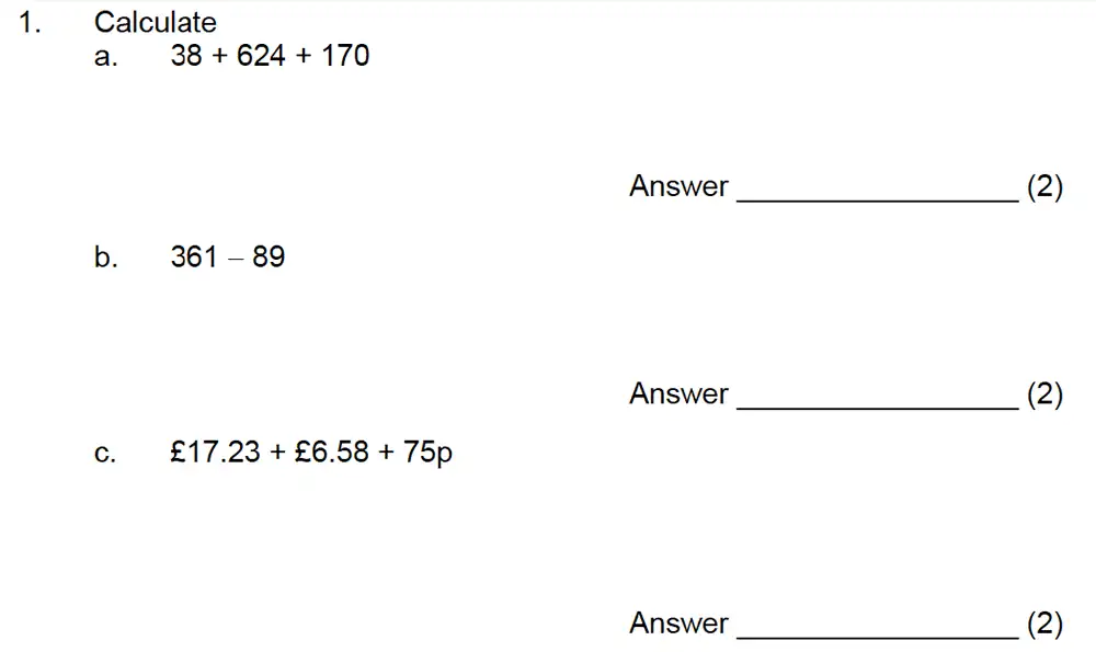 Question 1 - Leicester Grammar School – 10 Plus Maths Specimen Paper