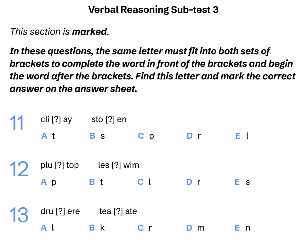 Question VRS3(11, 12 & 13) - West Midlands 11 Plus Exam Practice Papers 2026 - Paper 1 - Session 1 - VR, NVR, SR, Maths & English