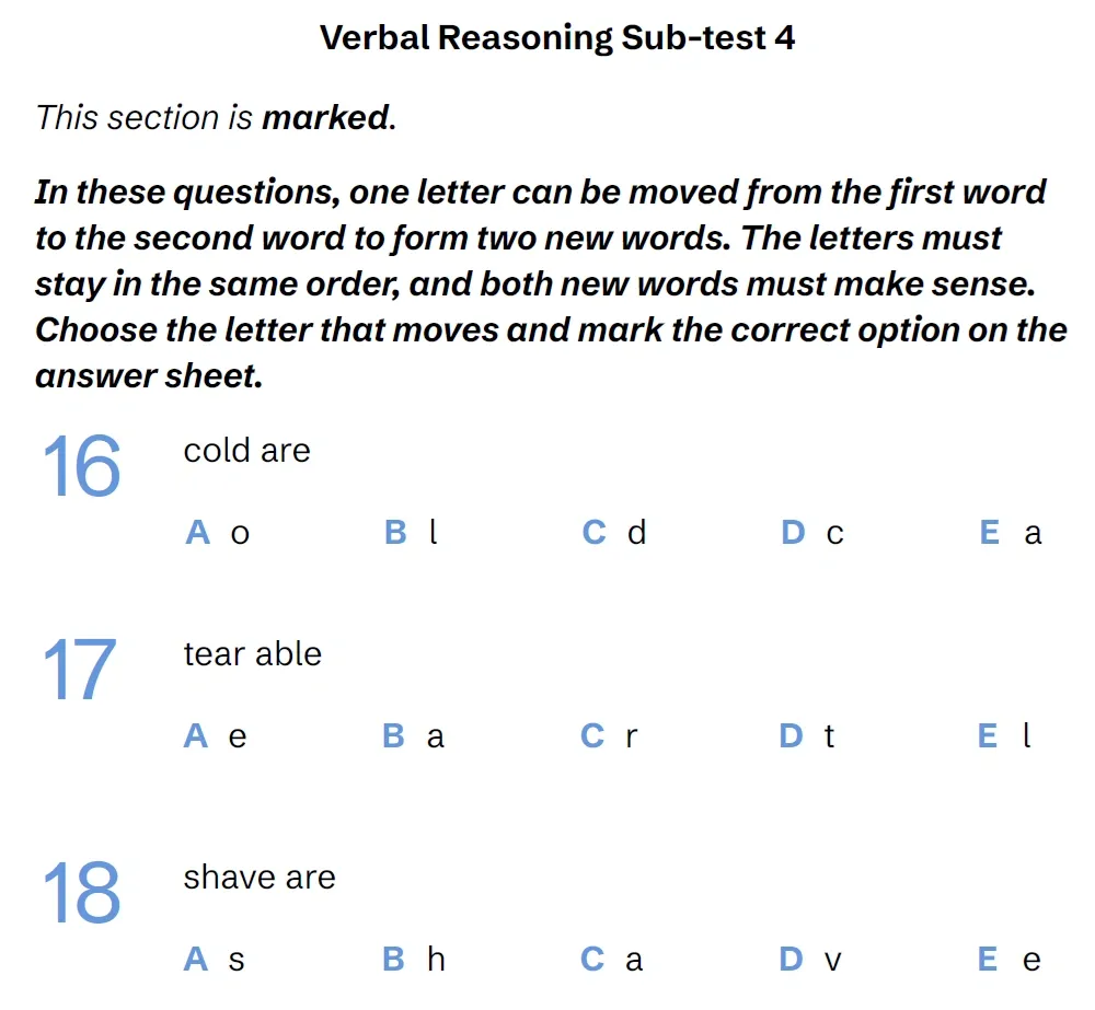 Question VRS4(16, 17 & 18) - West Midlands 11 Plus Exam Practice Papers 2026 - Paper 1 - Session 1 - VR, NVR, SR, Maths & English