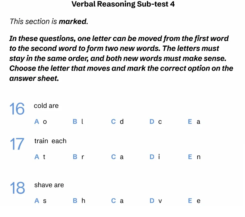 Question VRS4(16, 17 & 18) - West Midlands 11 Plus Exam Practice Papers 2026 - Paper 1 - Session 1 - VR, NVR, SR, Maths & English