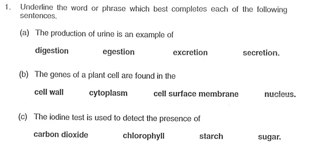 Question 1 - Exeter School - 13 Plus Biology Entrance Exam Paper