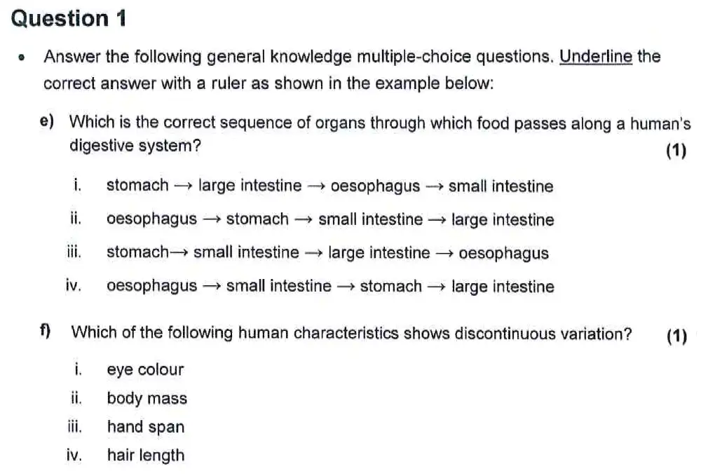 Question 4 - Harrow School - 13 Plus Biology Scholarship Sample Paper 2 - 2015