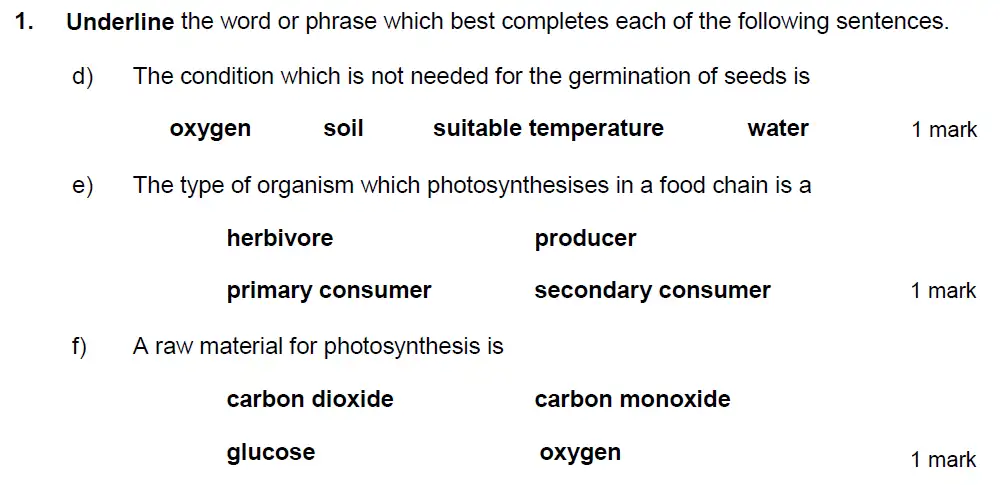 Question 2 - Kings College School - 13 Plus Biology Sample Paper