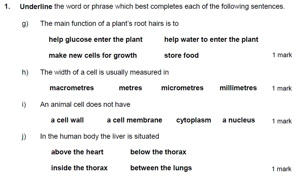 Question 3 - Kings College School - 13 Plus Biology Sample Paper
