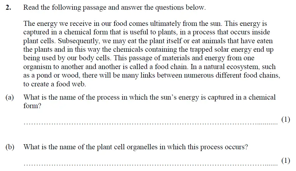 Question 4 - Merchant Taylors School - 13 Plus Biology Exam Paper 2017
