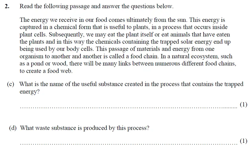 Question 5 - Merchant Taylors School - 13 Plus Biology Exam Paper 2017