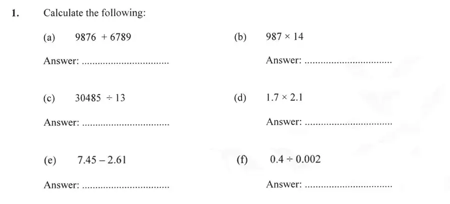 Question 1(a,b,c,d,e,f) - Forest School – 13 Plus Maths Sample Paper 2 2023