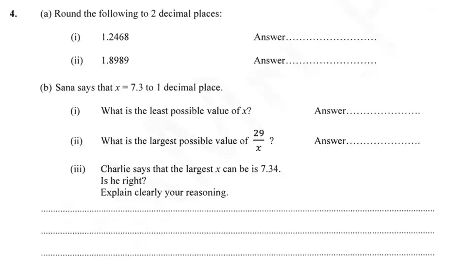 Question 4(4(a)(i),4(a)(ii),4(b)(i),4(b)(ii),4(b)(iii)) - Forest School – 13 Plus Maths Sample Paper 2 2023