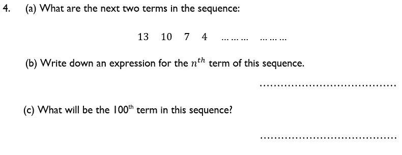 Question 4(a,b,c) - Reigate Grammar School – 13 Plus Maths Sample Paper – Non-calculator 2018