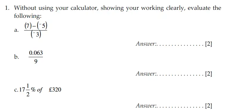 Question 1(a,b,c) - Sevenoaks School – Year 9 Maths Sample Paper 2009