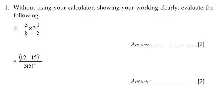 Question 1(d,e) - Sevenoaks School – Year 9 Maths Sample Paper 2009