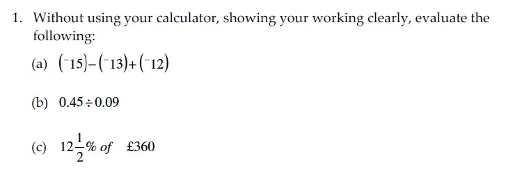 Question 1(a,b,c) - Sevenoaks School – Year 9 Maths Sample Paper 2010