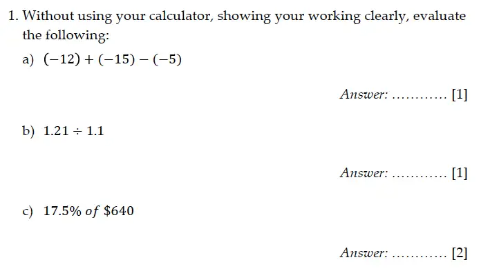 Question 1(a,b,c) - Sevenoaks School – Year 9 Maths Sample Paper 2011