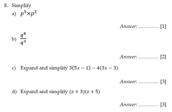 Question 8(a,b,c,d) - Sevenoaks School – Year 9 Maths Sample Paper 2011