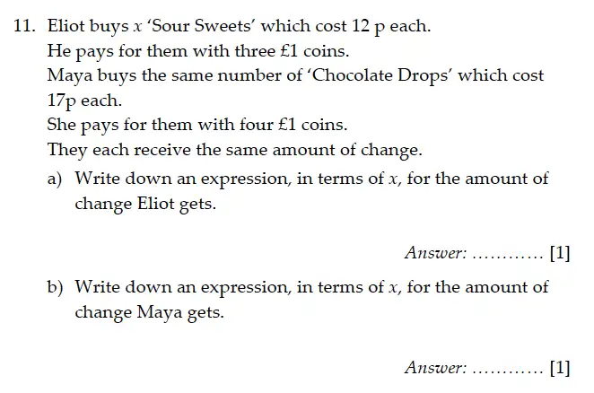 Question 11(11(a),11(b)) - Sevenoaks School – Year 9 Maths Sample Paper 2011