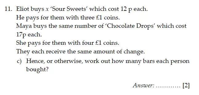 Question 11(c) - Sevenoaks School – Year 9 Maths Sample Paper 2011