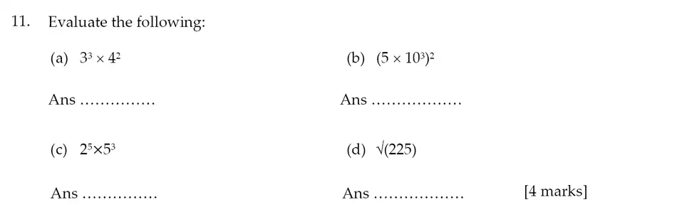 Question 11(11(a),11(b),11(c),11(d)) - Sevenoaks School – Year 9 Maths Sample Paper 2012