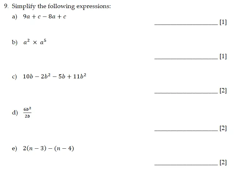 Question 9(a,b,c,d,e) - Sevenoaks School – Year 9 Maths Sample Paper 2015