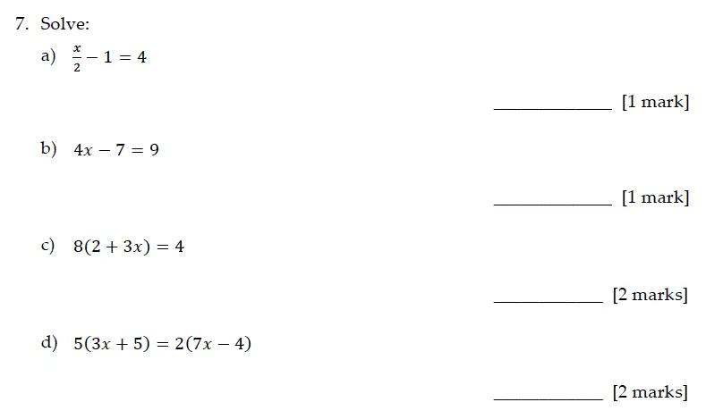 Question 7(a,b,c,d) - Sevenoaks School – Year 9 Maths Sample Paper 2016