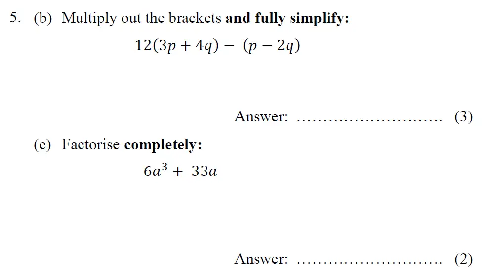 Question 5(b,c) - Tonbridge School – Year 9 Maths Entrance Exam – Specimen A 2015