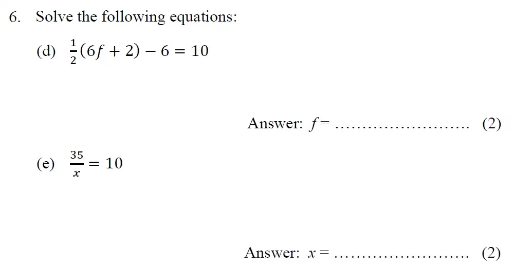 Question 6(d,e) - Tonbridge School – Year 9 Maths Entrance Exam – Specimen A 2015
