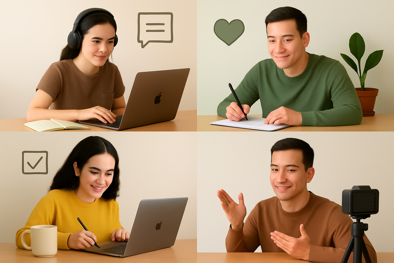 Collage of four people in creative and online work activities