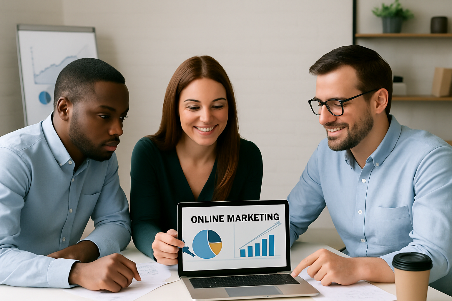 Three people around table looking at laptop with marketing data