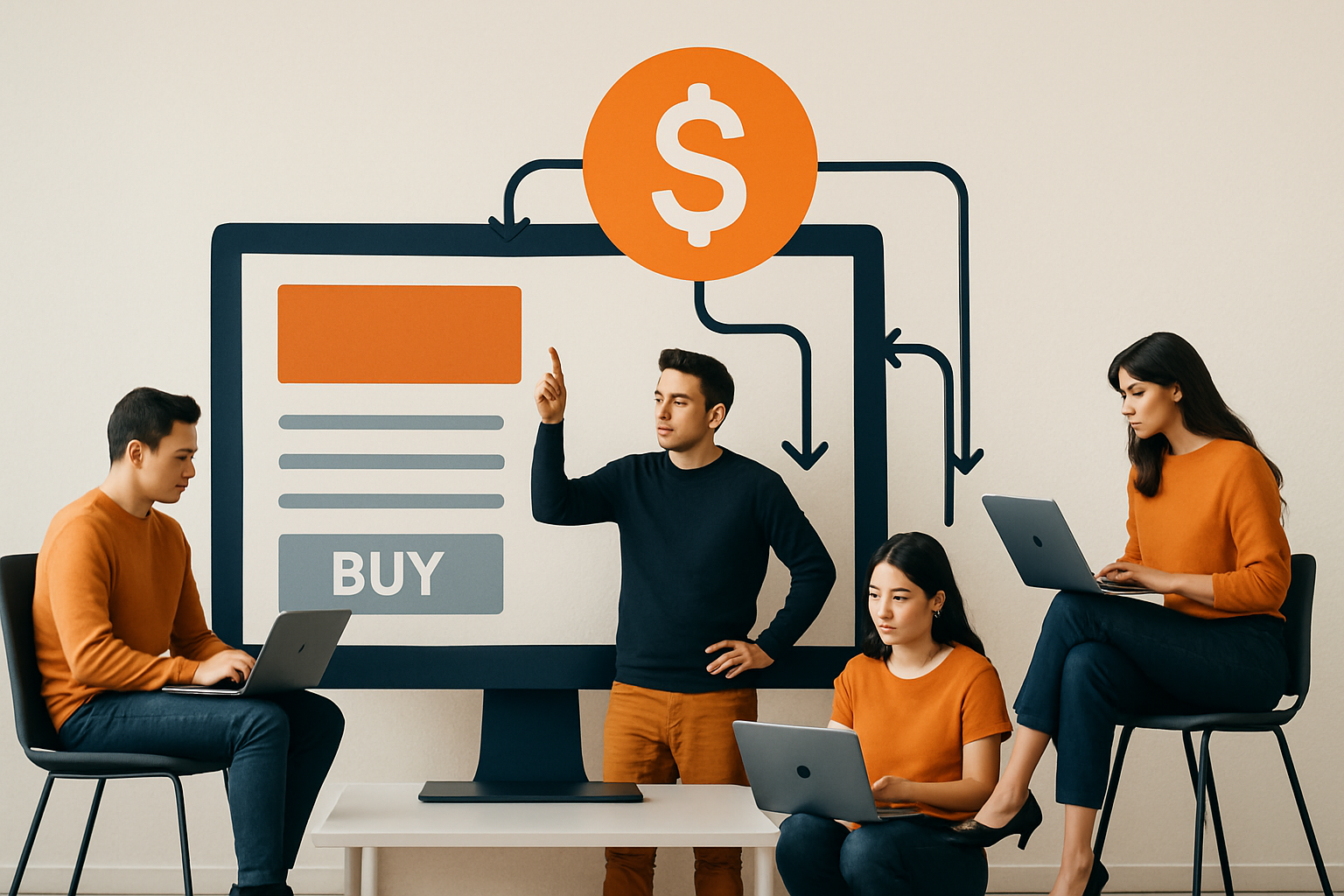 Four individuals in office focused on monitor with revenue flow diagram