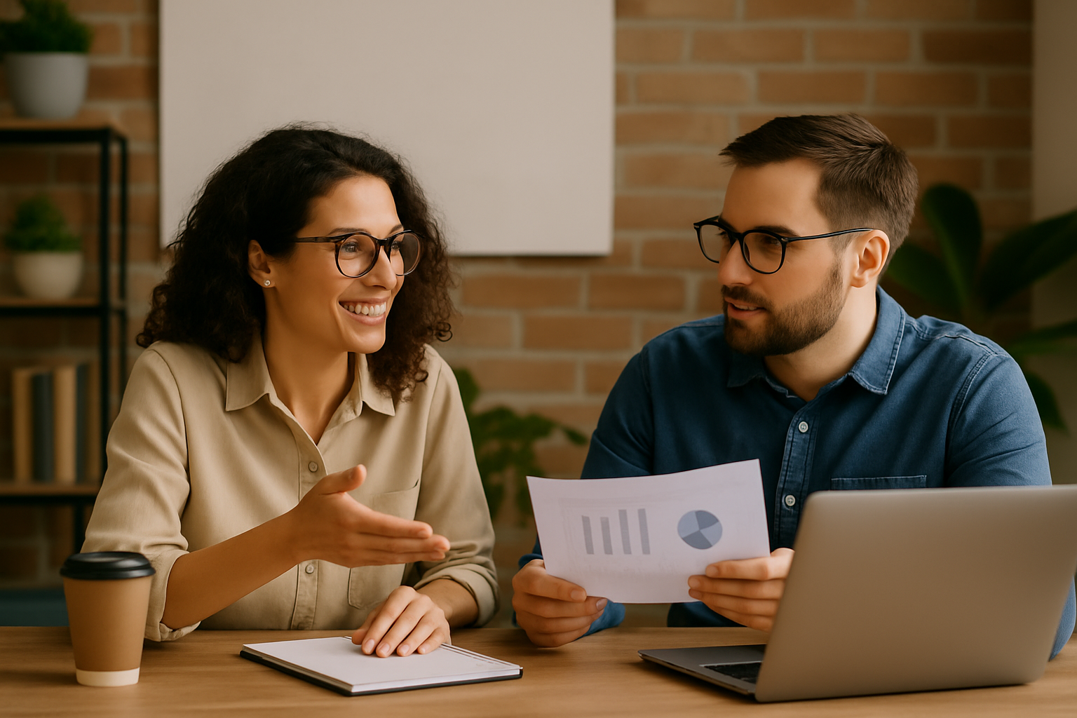 Man and woman at desk discussing business with charts and laptop
