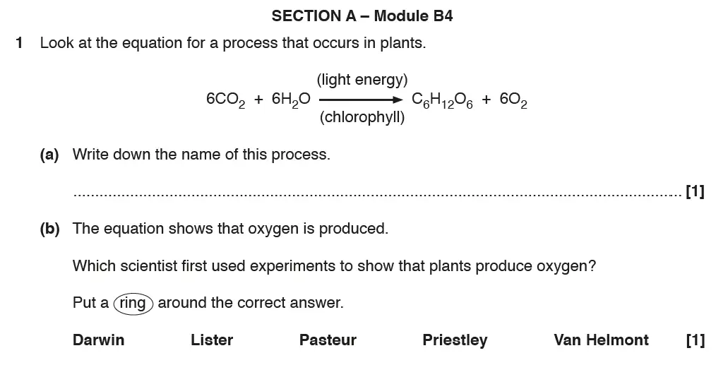 Question 1 - GCSE OCR Higher Biology Past Paper 2 - June 2017