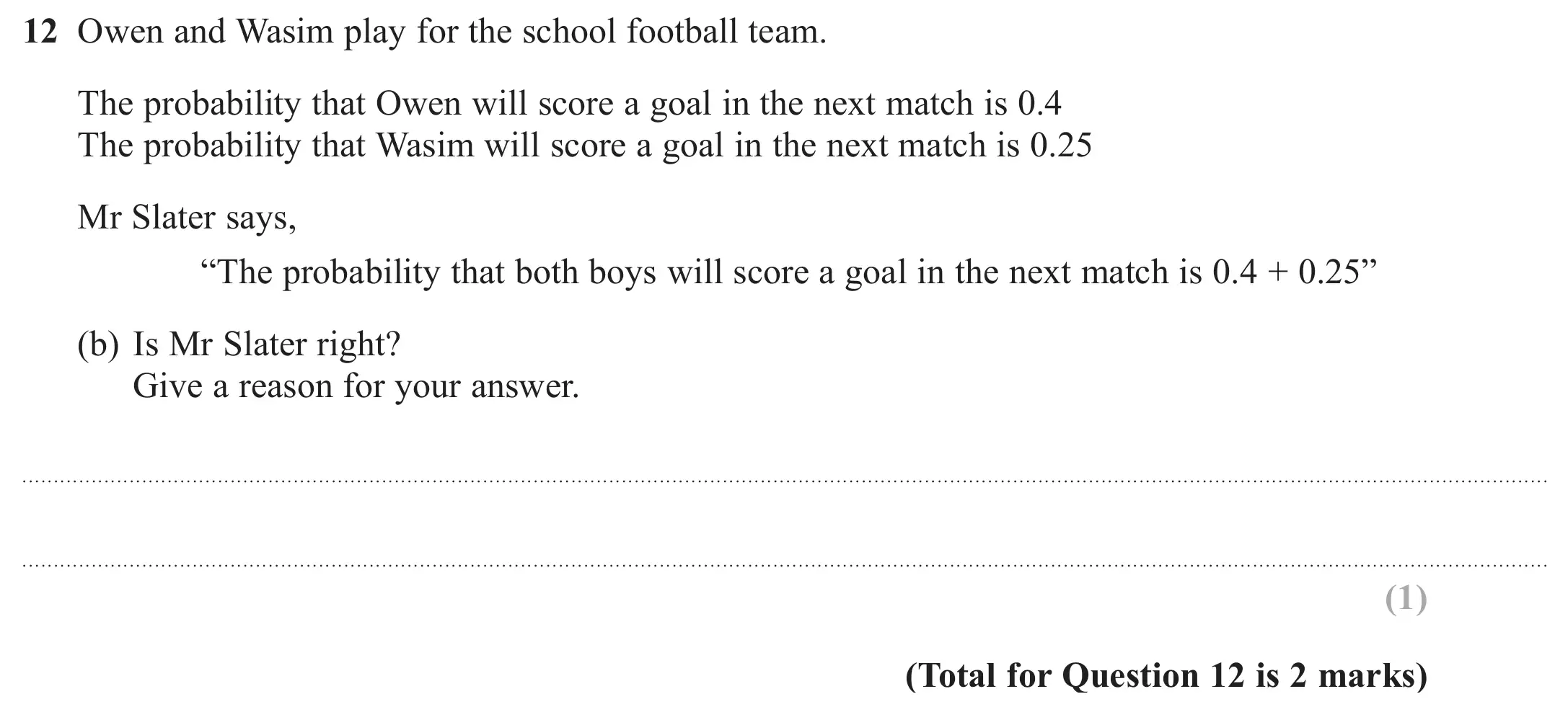 Question 12(b) - GCSE Edexcel Higher Maths Past Paper 2 (Calculator) - June 2017