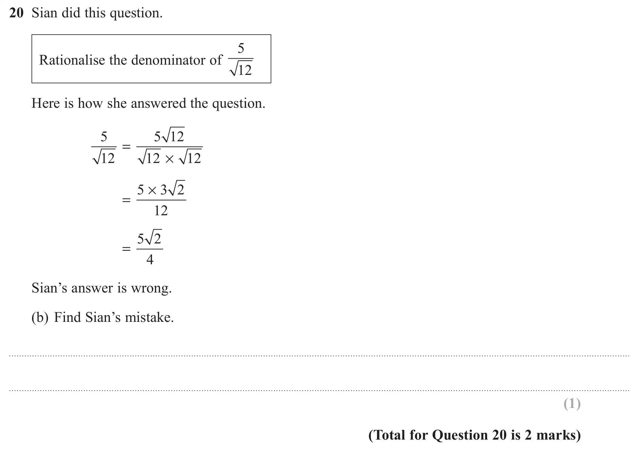 Question 20(b) - GCSE Edexcel Higher Maths Past Paper 2 (Calculator) - June 2018