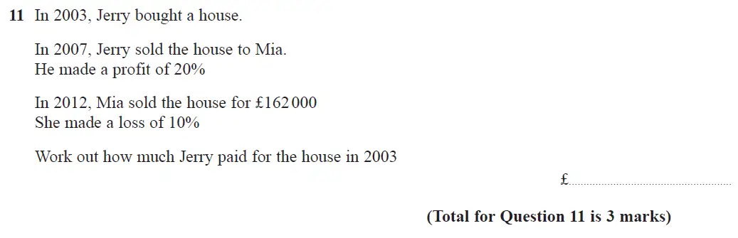 Question 11 - GCSE Edexcel Higher Maths Past Paper 3 (Calculator) - June 2018