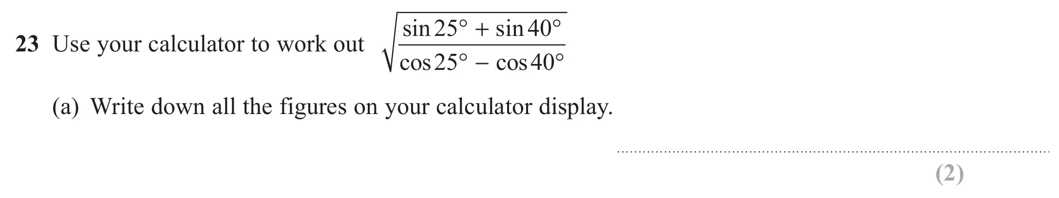 Question 23(a) - GCSE Edexcel Foundation Maths Past Paper 2 (Calculator) - November 2017