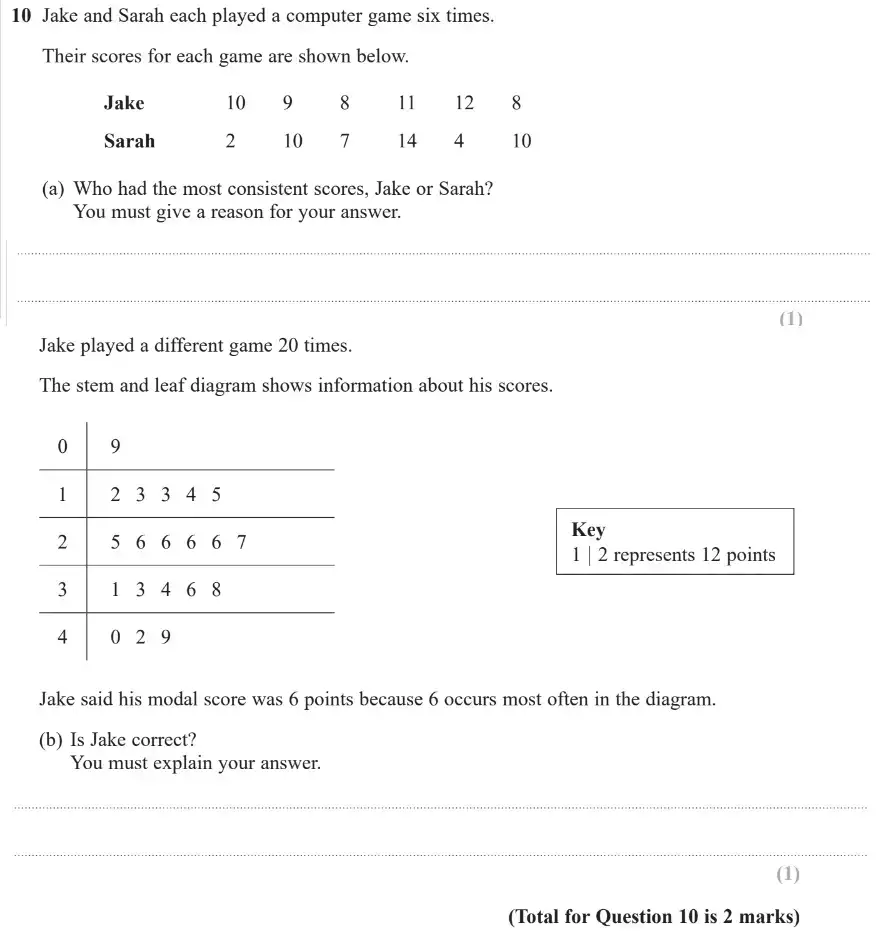 Question 10 - GCSE Edexcel Foundation Maths Past Paper 1 (Non-Calculator) - November 2017
