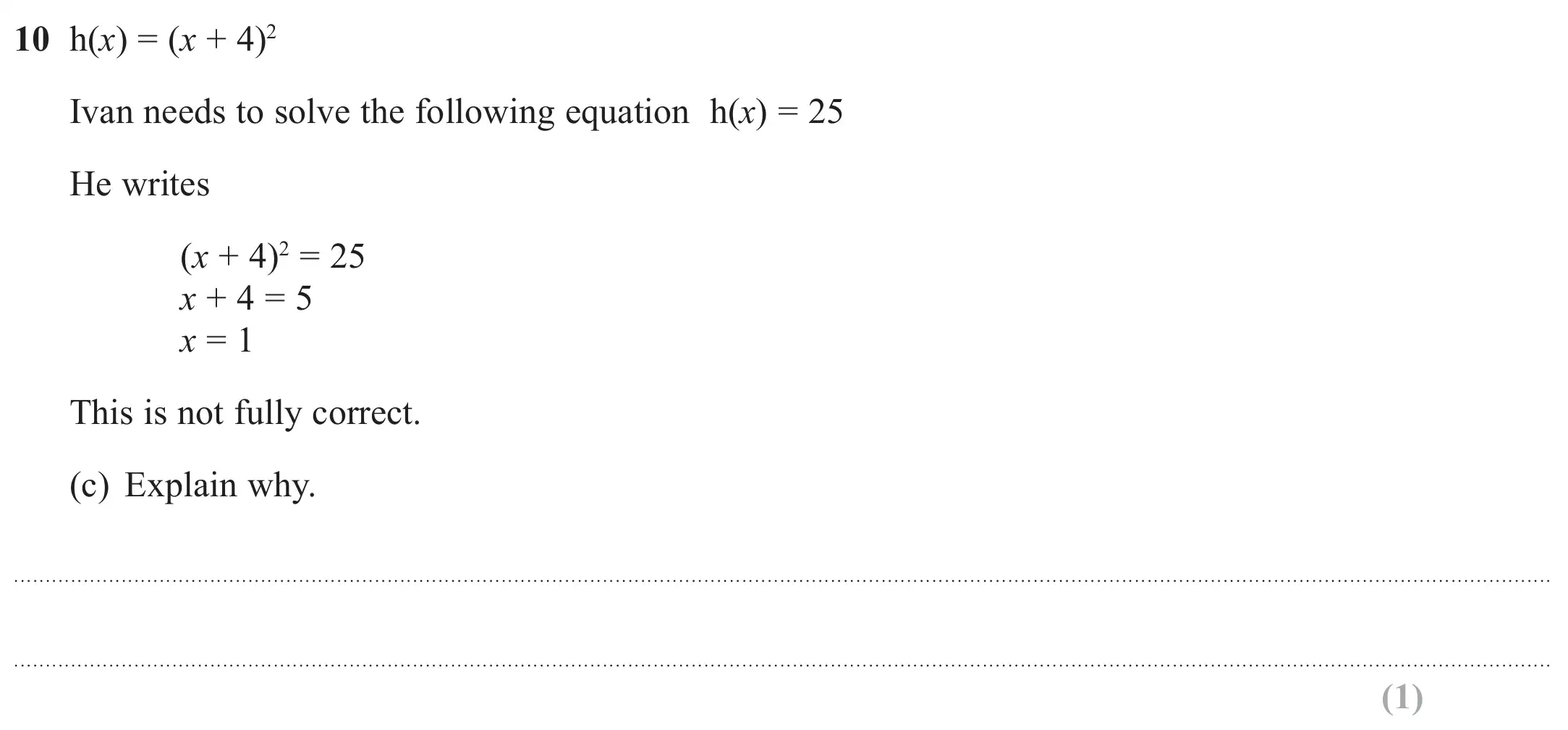 Question 10(c) - GCSE Edexcel Higher Maths Past Paper 3 (Calculator) - November 2018