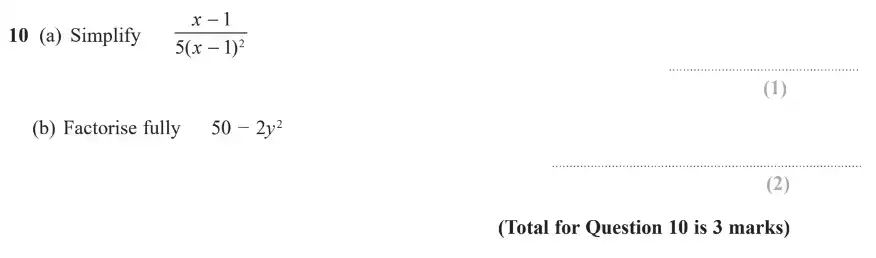 Question 10 - GCSE Edexcel Higher Maths Past Paper 1 (Non-Calculator) - November 2018