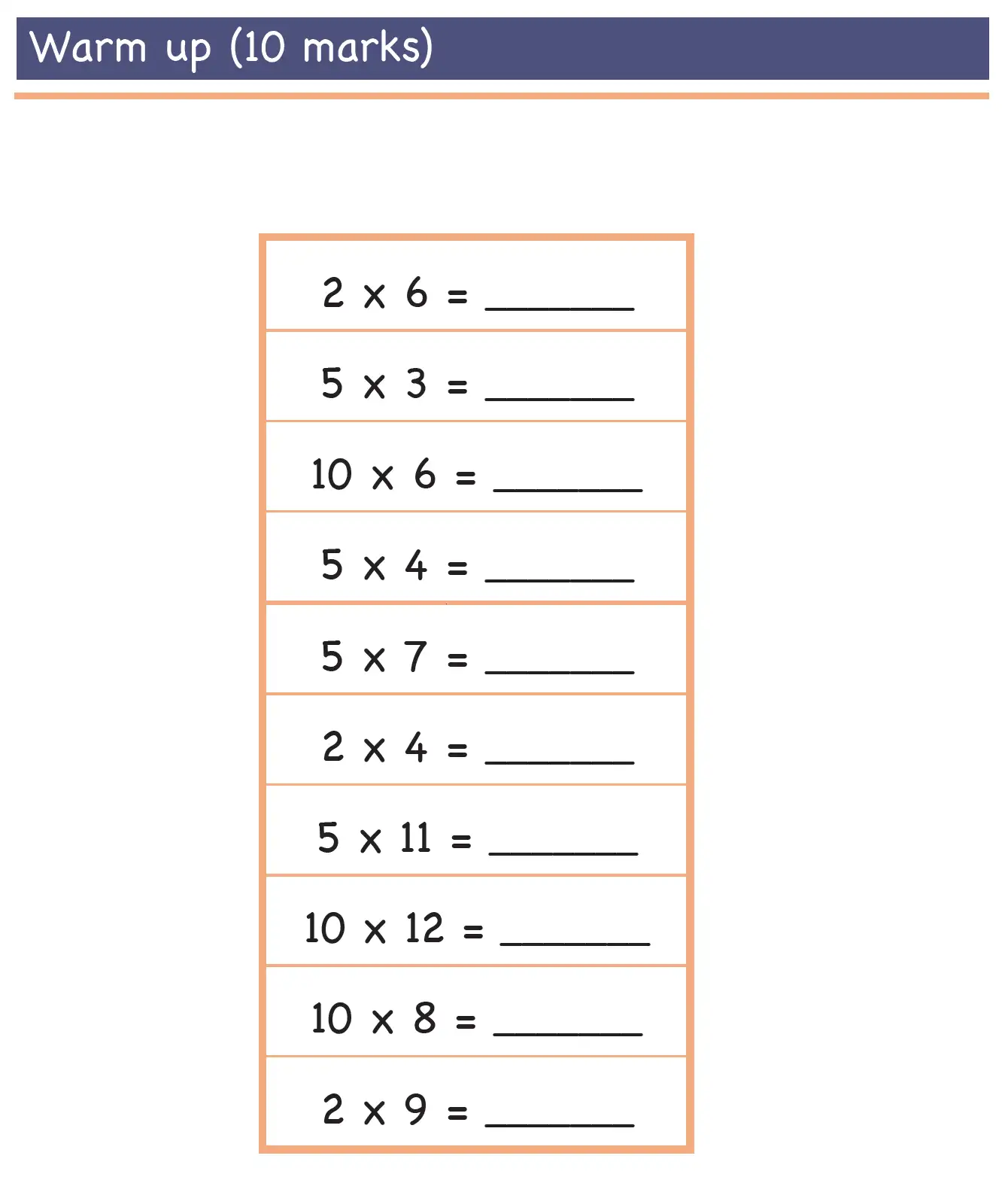 Question 1 - Year 4 – Times Tables – Test 1